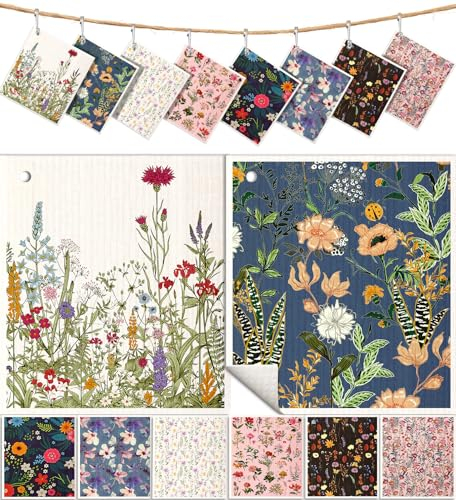 Miss Adola 8 Pack Reusable Kitchen Swedish Dishcloths for Washing Dishes - Absorbent Fast Drying Cleaning Sponge with Cute Flower Design - Washable Decor Cloths