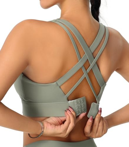 Reggiseno sportivo da donna ad alto impatto, schiena incrociata, coppe sagomate, chiusura con gancio e occhiello, reggiseno da corsa ad alto supporto, Verde, X-Large