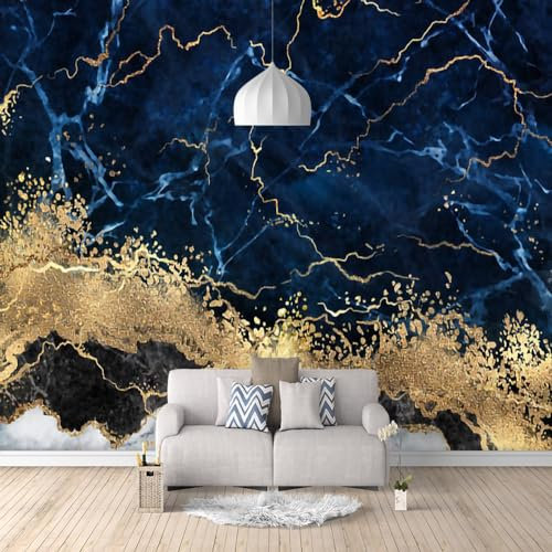GIVLWF Papier Peint Panoramique de Marbre Bleu Et Or, Marbre D’encre Imprimé En 3D Poster Murale Intissé - pour Chambre Salon Décoration Murale 450 x 315 cm