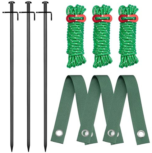 Kingsyard Heavy Duty Tree Stake Kit, 3 Pcs 16 Inch Steel Tree Stakes and Supports for Leaning Young Trees Straightening Kit Against Bad Weather, with 6Pcs Straps & 6Pcs 13ft Anchor Ropes