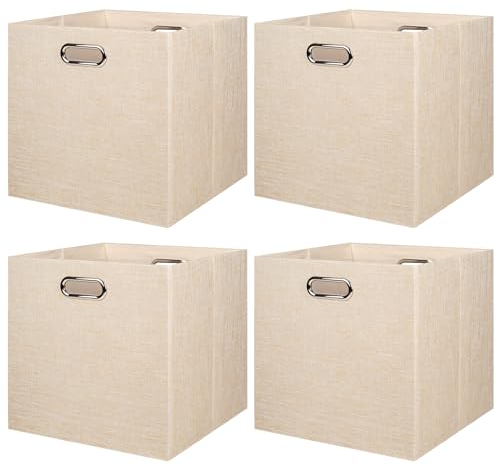 BinWhiz 4 Pack Collapsible Linen Storage Cubes - 33x33x33 cm Fabric Bins for Kallax Shelves, Cabinet, Bookcase, Closet - Versatile Home Organizer Boxes for Decor and Laundry (Beige)