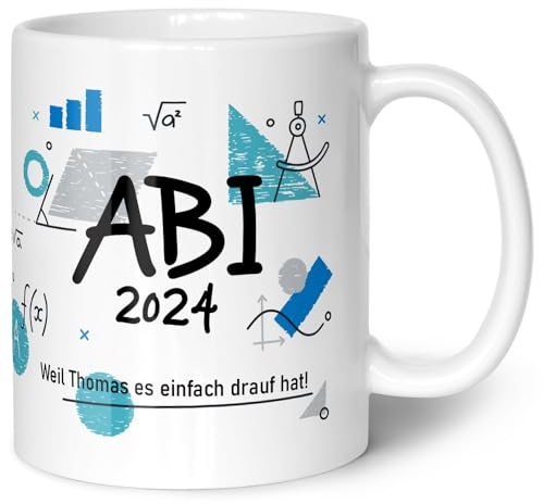 GRAVURZEILE Bedruckte Tasse mit Spruch - Abi - Personalisiert mit Namen & Jahr - Weil ich's einfach drauf hab! - Spülmaschinenfest - Geschenk zum Abschluss für Jungen & Mädchen - Farbe: Weiß
