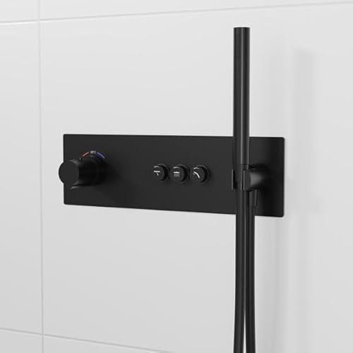Steinberg Serie 390 Dusch-/Wannenarmatur, Unterputz-Thermostat, inkl. Stabhandbrause, Brauseschlauch, 3 Verbraucher,39042322, Farbe: Schwarz Matt