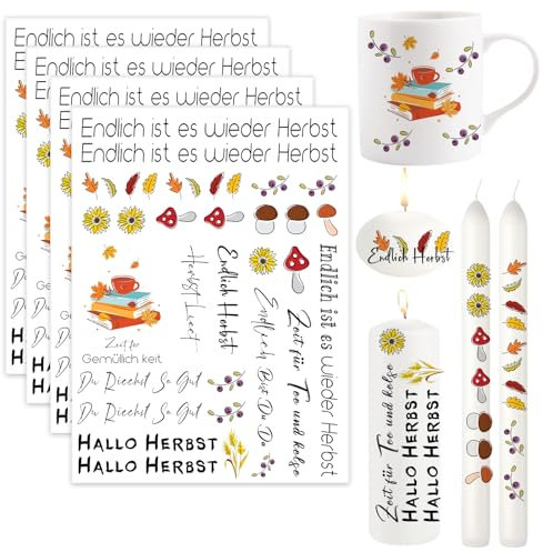 Ronoza® 4 Stück Kerzentattoos Herbst, Wasserschiebefolie Kerzen, Kerzenfolie, Kerzentatoo, DIY Geschenk, Kerzentattoo, Deko Herbst, Kerzen aufkleber, Kerzen Tattoo (Herbstmotiven B)