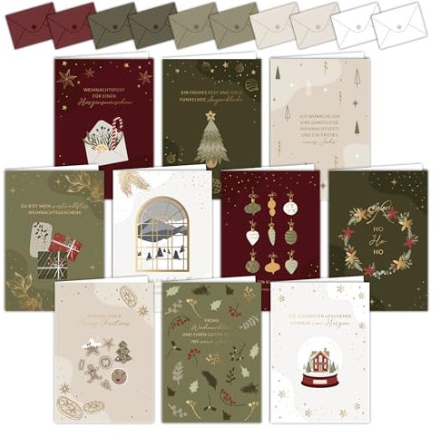 LEBENSKOMPASS® Weihnachtskarten Set - Weihnachtspostkartenn Grün, Rot & Beige – Weihnachtskarten mit Umschlag in stilvollen Designs – Christmas Cards