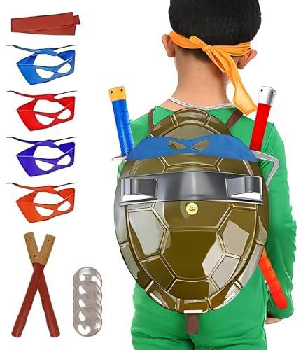 kostüme für kinder, 20Pcs Ninja Turtles Kostüm Set, Rollenspiel Cartoon Halloween Kostüm Party, Schildkröte Shell Kostüm mit Spielzeug, Rucksack und Augenmaske, Halloween Kinderkostüme für Alter 4 5 6