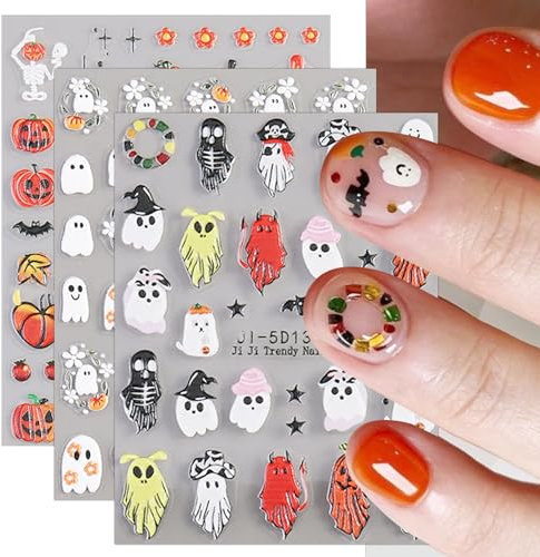 3D Halloween Nail Stickers, 4 Sheets 5D Self-Adhesive Ghost Embossed Nail Decal Nail Art Decoration Design Supplies