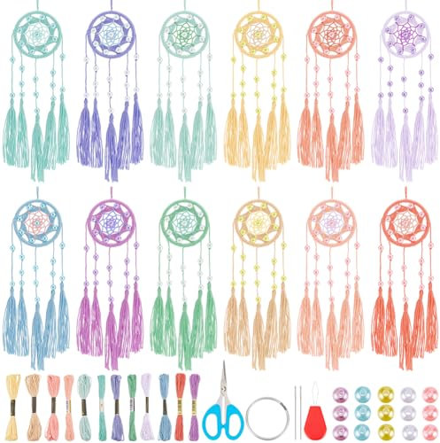 INFUNLY 12 Set Kleine Traumfänger Großpackung DIY Mini Traumfänger Set Doppelwebung Machen Sie Ihr Eigenes Traumfänger Set Für Erwachsene Schlüsselanhänger Set Mit Anleitung Für Taschenanhänger Autosp