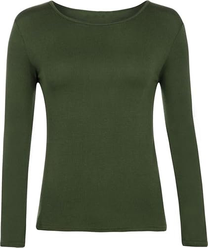 FASHION MY LOVE Women Ladies Long Sleeve Round Neck Plain Top Stretchy Casual Summer T-Shirts Basic Slim fit Tee Tops UK Plus Size 8-26 Khaki
