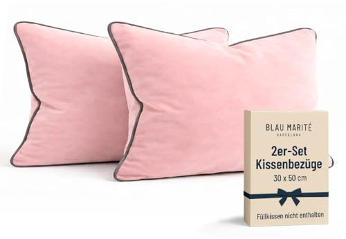 Blau Marité Kissenbezüge 30x50 cm – 2er Set aus weichem Samt – Dekokissen mit kontrastierendem Rand – Rosa & Grau – Ohne Füllung