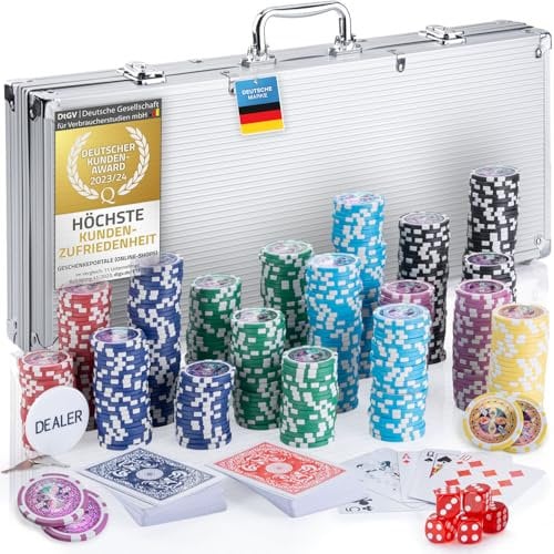 GOODS+GADGETS Profi Pokerkoffer Pokerset 500 Schwerer 12g Metallkern Poker-Chips; Pokerdeck, Pokerkarten, Würfel, Dealer-Button; abschließbar Alu-Koffer; Casino für Zuhause (Silber, 500 Chips)