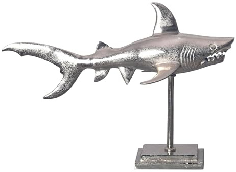 Wohnling Dekofigur Hai Aluminium Silber Maritim 70 cm mit Sockel, Design Metall Deko Alu Modern, Tischdeko Wohndeko Aluminiumdekoration, Dekoration Wohnaccessoire