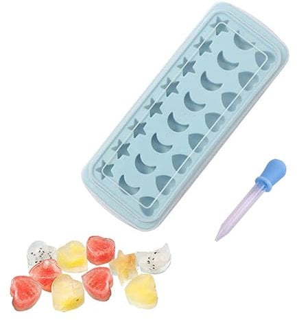 Ice Cube Tray Stars Moons Hearts Shape Silicone Whiskey Ice Ball Maker Cube Mold with Lid and Random Color Dropper, Blue, trays