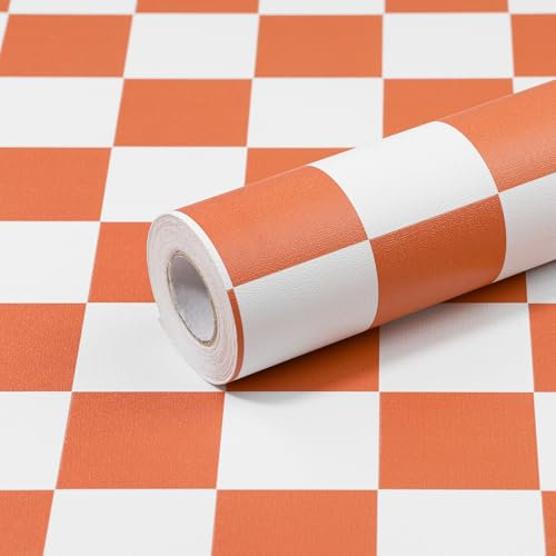 CAX Checkerboard Peel and Stick Wallpaper 17.3''x120''Orange and White Contact Paper Self-Adhesive Removable Vinyl Roll Waterproof Checkered Wallpaper for Bathroom Cabinets Shelf