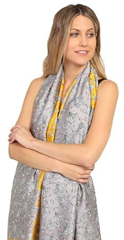 Trillion London® Silk Scarf For Women | Lightweight Ladies Scarves | Shawl Wraps | Head Scarf | Gifts for Women | Designer Prints | Daily Wear | Smooth and Soft | Floral Print| Grey & Yellow