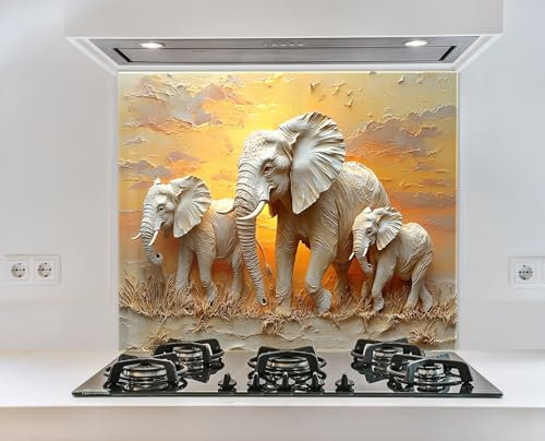 Myphotostation 110x70cm Elephant Family Glass Splashback for stove Tempered Glass Backsplash, Glass Backguards For Kitchen, Stove Wall Protector,Cooker Wall Panel