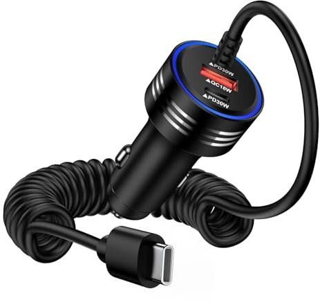 78W USB C Car Phone Charger Fast Charge Cigarette Lighter with Coiled Cable | 12V USB C Car Charger Adapter for Samsung Galaxy S26 S25 Ultra S24 S23 A57 A15 A16 A17 A34 A35 A54 A55 5G, iPhone 17 16 15