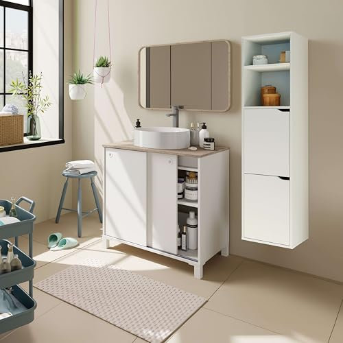 Miroytengo Mueble de Baño Sella Estilo Nórdico en Color Blanco y Roble Cambrian con 2 Puertas Correderas y Patas 81x94x50 cm (Lavabo Cerámico)