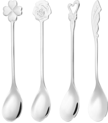 PATIKIL 4pcs Coffee Spoons, 4 Shapes Tea Spoons 304 Stainless Steel Teaspoons Small Cute for Stirring Espresso Coffee Bar Tableware Dessert Flatware Tea Party, Silver