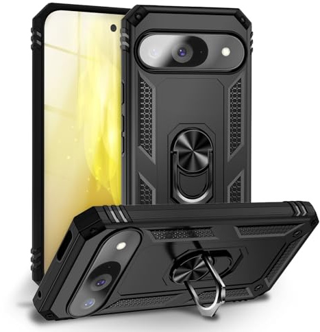 NALIA Panzerhülle für Google Pixel 9 - Ring-Ständer 360° - Hülle, Schwarz | 2-lagiger Aufprallschutz, TPU-Kern mit PC-Außenschale, Integrierte Metallplatte, Griffig bei Nässe, RINGDEFEND