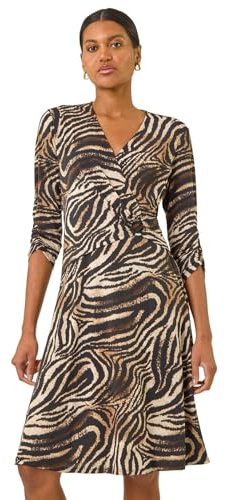 Roman Ring Buckle Wrap Stretch Dress for Women UK - Ladies Autumn Everyday Winter Holiday 3/4 Sleeve Soft V-Neckline Comfy Knee Length Frock Warm Gowns Midi