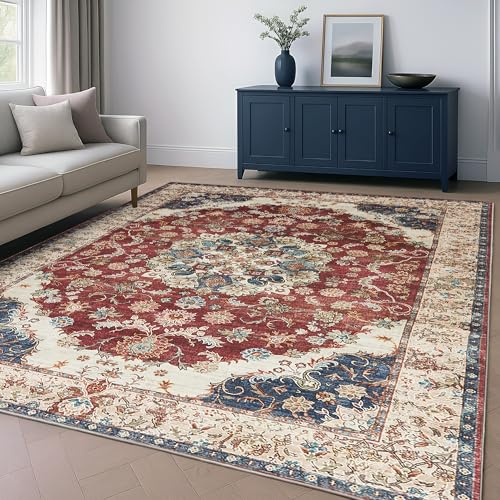Aspire Homeware Machine Washable Extra Large Gold Red Rugs Living Room 200x290 cm Low Pile Area Rugs For Bedroom, Dining Room, Soft Non Slip Carpet for Kids Room Vintage Design Boho Rug, Whisper