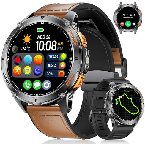 LIGE Smartwatch GPS Herren mit LED Taschenlampe 1.43″AMOLED Smartwatch mit Telefonfunktion 600 mAh Batterie Herzfrequenz/Schrittzähler/Schlafmonitor/Kompass Smart Watch für iOS Android,170 Sportmodi