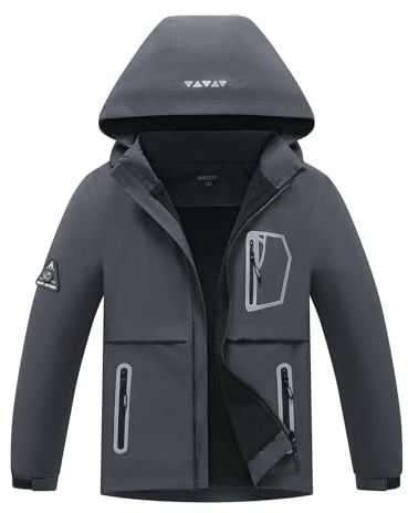 BuyiRen Boys Girls Windbreakers Jacket Rain Jackets Hooded Raincoat Fleece Lined Rain Coats for Kids, Grey, 10-11 Years