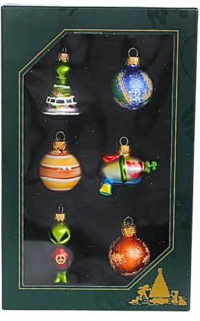 Dekohelden24 Lauschaer Christbaumschmuck - 6er Set Christbaumkugeln Lauscha, Glaskugeln, Glasornamente Aliens - Baumschmuck zum Adventskalender befüllen, aus Lauscha, Größe: 3,5 cm je Ornament.