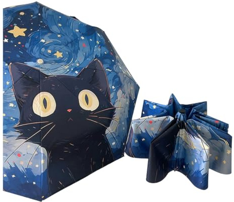 Gyios Regenschirm Van Gogh Katze Schirm Schwarz Kunststoff Sonnenschutz Anti-ultraviolette Tragbarer Klappbarer Schirm-dunkelblau-automatisch