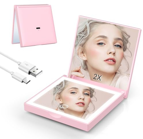 Giazee Miroir compact rechargeable, lumière LED 3 couleurs, fonction mémoire, miroir de maquillage LED portable avec grossissement 1X/2X, miroir de voyage pliable, miroir de poche - Rose
