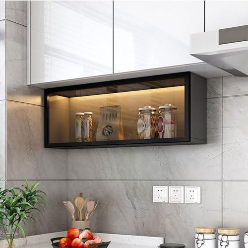 DIHRVTHC Moderner Küchenwandschrank mit Doppeltür und Glasfront, dekorativer Wandmontage-Aufbewahrungsschrank für Küche, Esszimmer und Speisekammer(Nero,80cm)