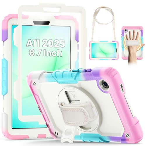 SEYMCY for Samsung Galaxy Tab A11 Case Kids 8.7 Inch 2025 | Full Body Shockproof with Screen Protector, Rotating Hand Strap & Stand, Shoulder Strap for Samsung A11 Tablet Case, Pink