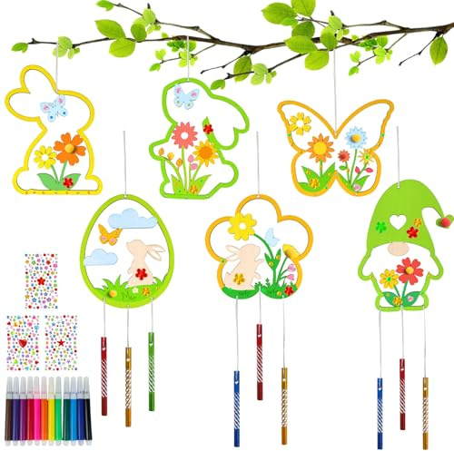18x Osterdeko Windspiel Bastelset Ostergeschenke Kinder, Holz Ostern Basteln Kinder, Osterhase Ostereier Blumen Schmetterlinge Wichtel, Bastelhandwerk zum Bemalen für Osterndeko Mädchen Junge