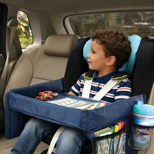 QIYUNI Kids Travel Tray for Car Seat - Toddler Road TripEssentials with Drawing Kit, Lap Desk Organizer for Car &Airplane