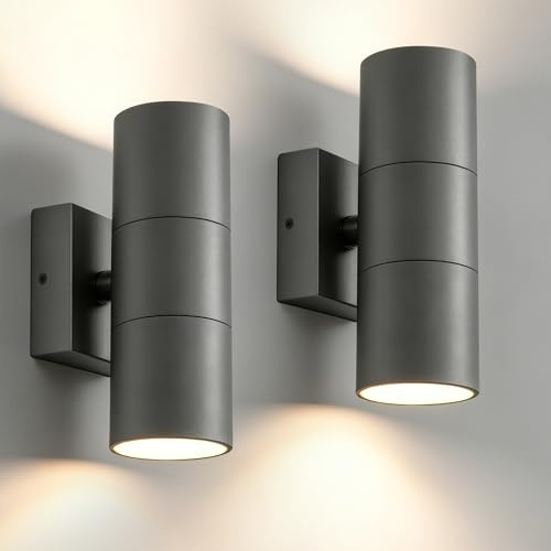 JNR Aussenlampe Wand IP54 Wasserdichte Wandleuchte Aussen, Anthrazit 2 Pack | Edelstahl, Außenlampe Wand 2*5w GU10 3000K Warmweiß LED Glühbirne, 230V Außenleuchte Aussenleuchte, Ausenbeleutung Hauswand