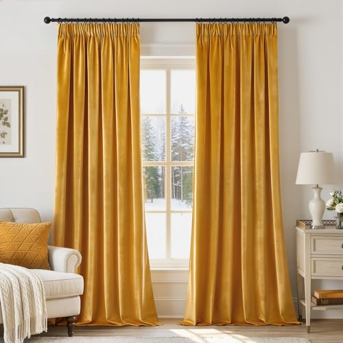 Woaboy Samtvorhang mit Kräuselband Blickdichte Vorhänge 140x245 cm Gelb | 2er Set Samt Gardinen Deko Schöne Dicke und Schwere Wohnzimmer Schlafzimmer Verdunkelung Thermovorhang