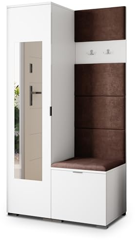 Masseno Flugarderoben Set VIRA, Kleiderschrank-Set mit Spiegel und Sitzbank, Garderobenschrank Flur mit 3 Regalböden, Weiß