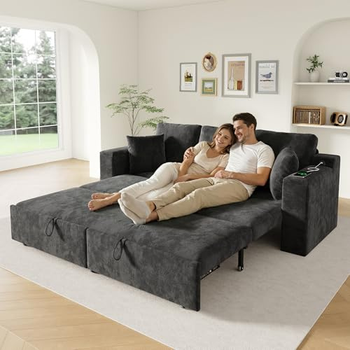 BTM Schlafsofa Ausziehbar, Schlafsofa mit Bettkasten, Stauraum & USB‑Ladeanschluss 3-Sitzer Sofa mit Schlaffunktion Grau