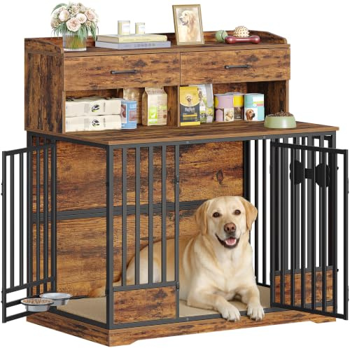 Hzuaneri Hundekäfig Möbel, 120 cm Aufbewahrungskäfig Hundebox, Vintagebraun | mit Drehbaren Futternäpfen, 2 Schubladen & Kissen, XXL Hundekäfig für Mittlere & Große Hundes, 120 x 75 x 126 cm, 9220201B
