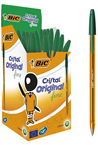 BIC Cristal Original Fine - Bolígrafos punta fina (0.8 mm) Caja de 50 unidades, Color Verde (872729)