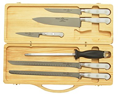 Sonpó Online - Modelo ECJBL - Pack de cuchillos para corte de jamón - Mangos de color blanco y estuche de madera.