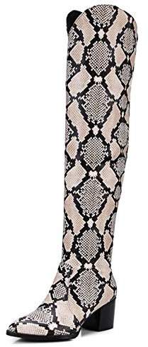 CuteFlats Stivali alti al ginocchio da donna con tacco a blocco, Stampa, 44 EU