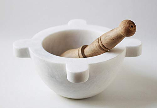 Mortier en marbre blanc Carrara avec pilon Vitage Wood 14cm Mortier en marbre blanc pour cuisine Mortier de cuisine avec pilon en bois Fait à la main Classiques Vieille maison Design intérieur