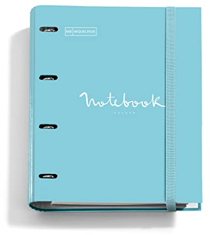 Miquelrius - Ringbuch Notebook, Ordner mit 4 Ringen, mit 100 karierten Blättern, Ordner mit Gummizug, Farbe Himmelblau