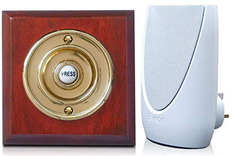 Byron 100m Wireless Period Plug-in Doorbell kit Push on Plinth (Mahogany Brass)