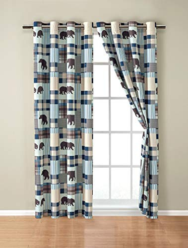 Rustic Modern Farmhouse Cabin Lodge Window Treatment Grommet Curtain Set with Patchwork of Grizzly Bears and Buffalo Plaid Check Patterns Beige Blue - Curtain Set (Western 2)