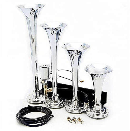 YIYIDA Four Tube Silver Car Horn The électromagnetic Electric Horn Solenoid Control Air Horn Waterproof Whistle 12V Loud Motor Car Valve sonore pour voiture tout véhicule camion Trains bateaux