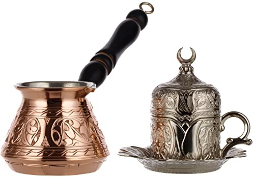DEMMEX Service à café grec turc 6 pièces pour 1 personne avec casserole en cuivre de 1 mm d'épaisseur, tasse, soucoupe et cuillère robustes (cuivre et argent)