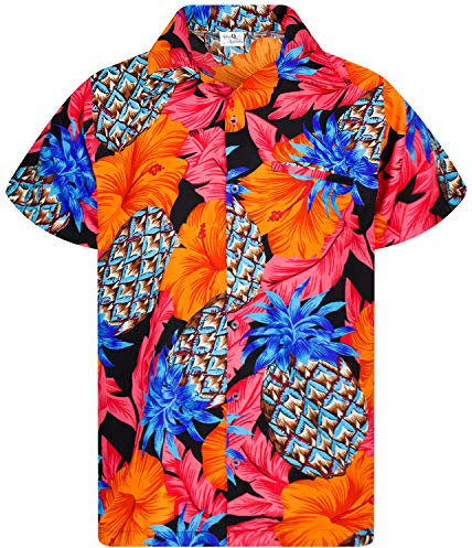 King Kameha Funky Hawaii-Hemd, Herren, Kurzarm, Pineapple-Hibiscus, Schwarz-Rot, 6XL